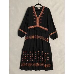 Reba Women's 14 Embroidered Ruffle Tiered V-Neck Midi Dress Black NEW